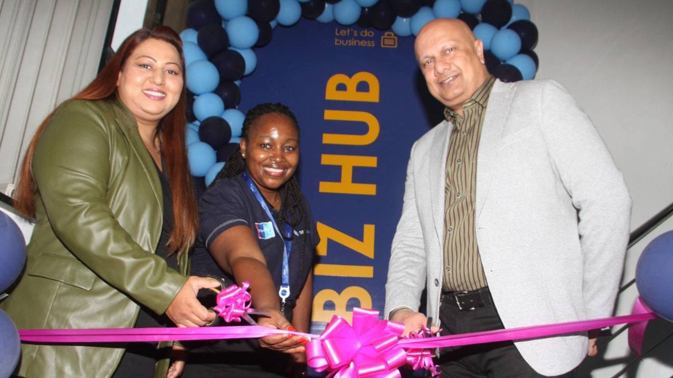 Shakilla Jhungeer cutting the ribbon during the official opening of one business bub in Nairobi. PHOTO//COURTESY